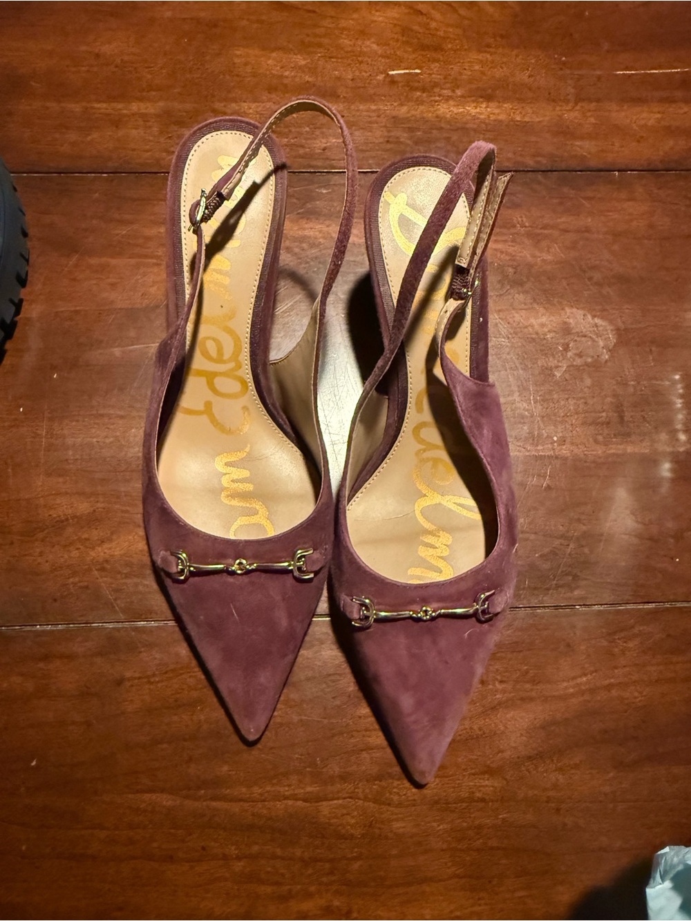 Sam Edelman Plum Suede Pointed Slingback Heels with Bit Detail